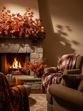 Cozy home interior with fireplace, armchair and plaid.の写真素材