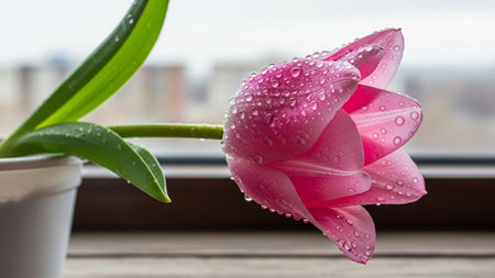 Pink tulip with drops of water on the petals on a window sillの写真素材