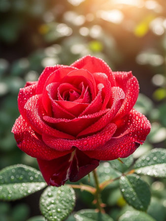 Beautiful red rose with dew drops in the garden, stock photoの写真素材