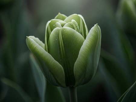 Tulip flower with water drops on petals and green leavesの写真素材