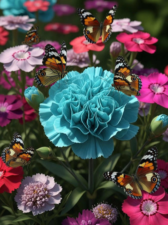 Beautiful flowers with butterfly in the garden. Floral background.の写真素材