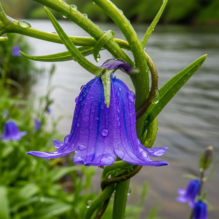 Bluebells and water drops on the petals after rain.の写真素材