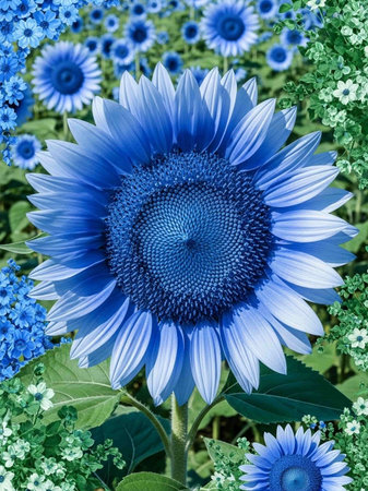 Beautiful blue sunflowers on a background of blue flowers.の写真素材