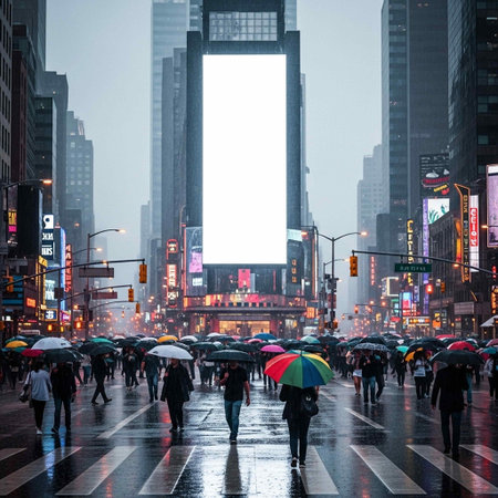 People walking under an umbrella in Times Square, Manhattan, New York City.