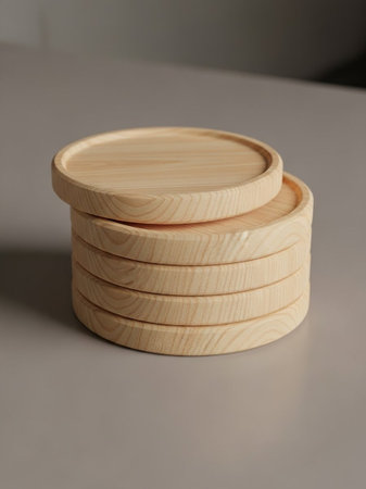 Wooden round tableware on a grey background. Close up.の写真素材