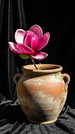 Magnolia flower in a clay pot on a black fabric background.の写真素材