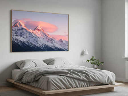 Modern bedroom interior with a double bed and a picture on the wall. 3d rendering mock up