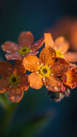Macro photo of small orange flowers with water drops on petals