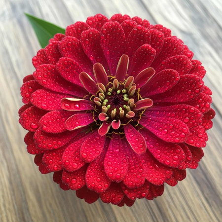 Red zinnia flower with water drops on the petals.