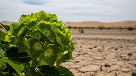 Green hydrangea plant growing on dry soil in the desert