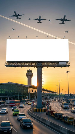 Blank billboard at the airport with airplane on sky background for advertisementの写真素材
