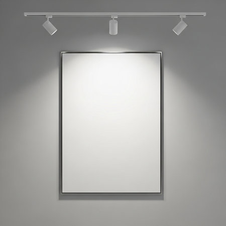 Blank white poster on wall with spotlights. 3D renderingの写真素材