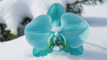Beautiful blue orchid flower in the snow, close-upの写真素材