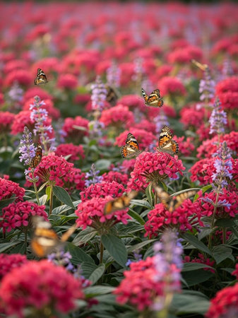 Butterflies on a flower bed of red and pink flowers.の写真素材