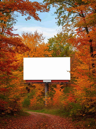 Blank billboard on the road in the autumn forest with colorful treesの写真素材