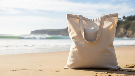 Beach bag on the sand with a view of the ocean.
