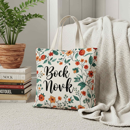 Fashionable bag with floral print on the background of books and plantsの写真素材