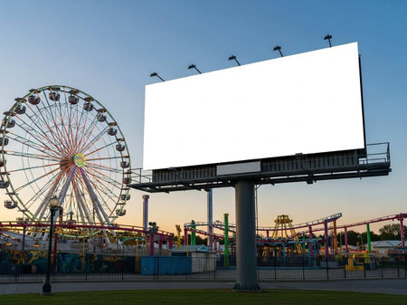 Blank billboard at amusement park with ferris wheel in the backgroundの写真素材