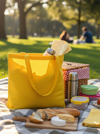 Picnic in the park. Picnic bag with food and drinkの写真素材