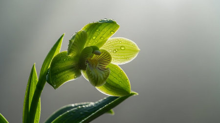Beautiful green orchid with drops of water on the petals