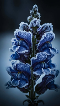 Close up of blue lupine flowers covered with hoarfrost