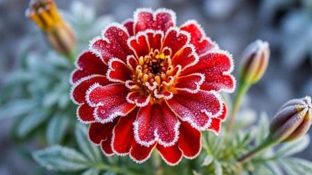 Red flower of chrysanthemum covered with hoarfrostの写真素材