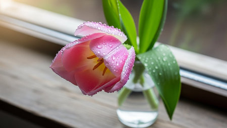 Pink tulip in a vase on the windowsill with water drops