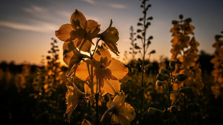 Yellow flowers on a meadow at sunset. Beautiful nature background.の写真素材