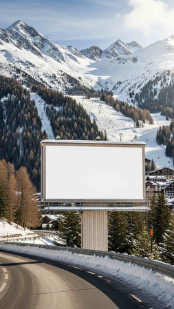 Blank billboard on the winter road in the Alps, Austria.の写真素材