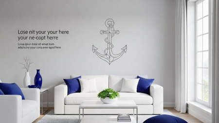 Modern white living room interior design with blue sofa 3d Illustration