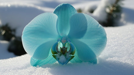 Beautiful blue orchid flower in the snow, close-up