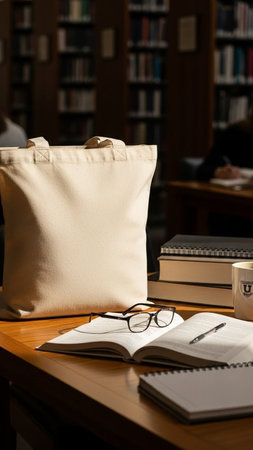 Books, glasses and a bag on a table in the library.
