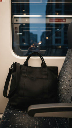 Close-up of black leather bag on a train carriage in the city