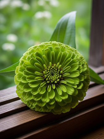 Green chrysanthemum flower on the wooden windowsill.の写真素材