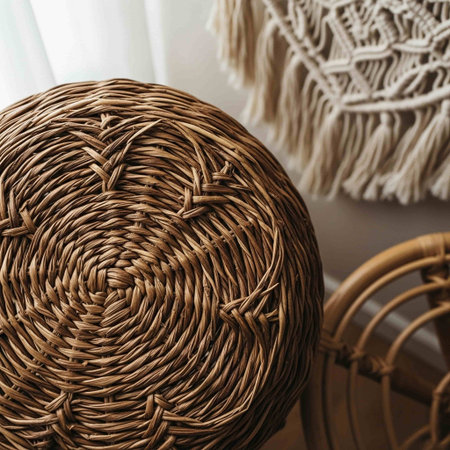 Wicker rattan ball on the table, close-up.の写真素材
