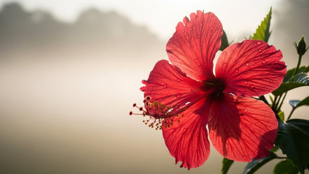Red hibiscus flower on the background of the morning mistの写真素材