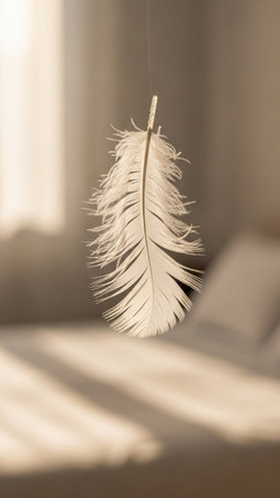 White feather hanging on a white chair in a room with sunlight and shadowsの写真素材