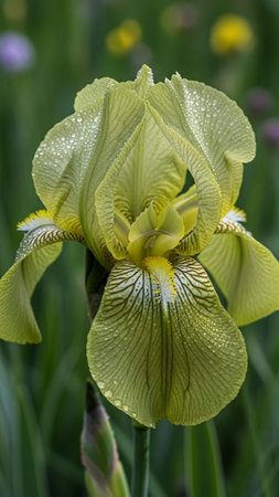 Iris flower with dew drops on petals and green background