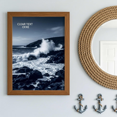 Wooden frame on the wall with a picture of the ocean. 3D rendering.