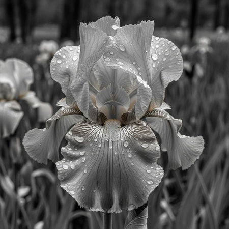 iris flower in black and white with water droplets on petalsの写真素材