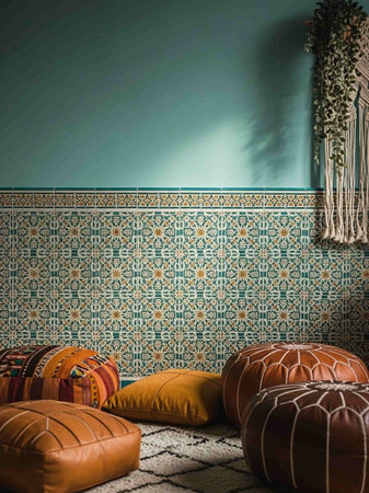 Interior of a modern living room with brown and blue wallpaper.の写真素材