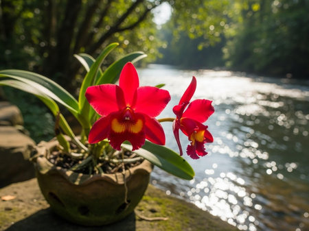 Red orchid in a pot on a river bank with blurred backgroundの写真素材