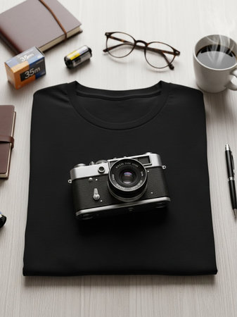Black blank t-shirt mockup with camera, coffee cup, glasses and other items.