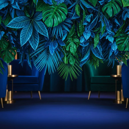 3d rendering of the interior of a room with blue armchairs and tropical plants