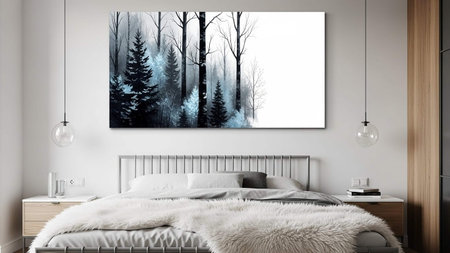 Modern bedroom interior with empty poster on wall. 3D Renderingの写真素材