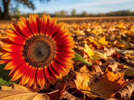 Sunflower on a field covered with fallen autumn leaves in the fall