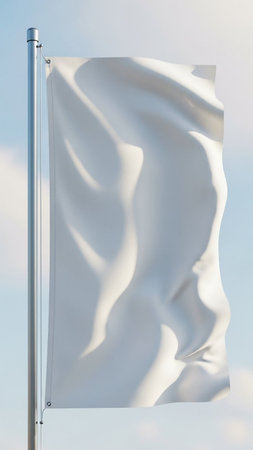 White flag waving in the wind against blue sky. 3d rendering
