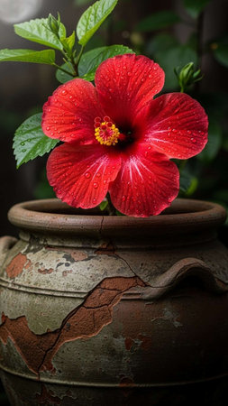 Red hibiscus flower in a clay pot with green leavesの写真素材