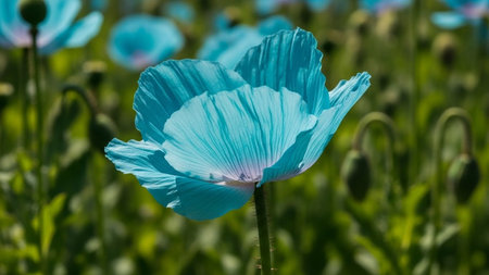 Blue poppy flower on a background of green grass. Close-up.の写真素材
