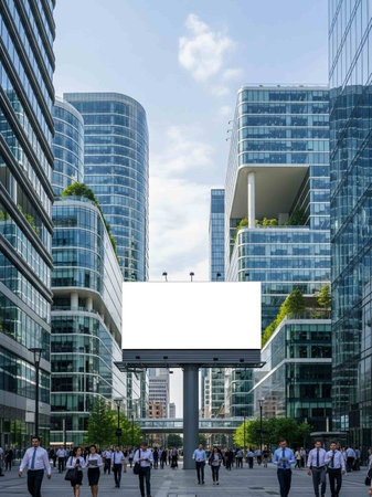 Blank billboard in front of modern office building. Business concept.